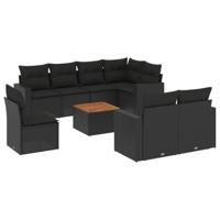 9-delige Loungeset met kussens poly rattan zwart - thumbnail