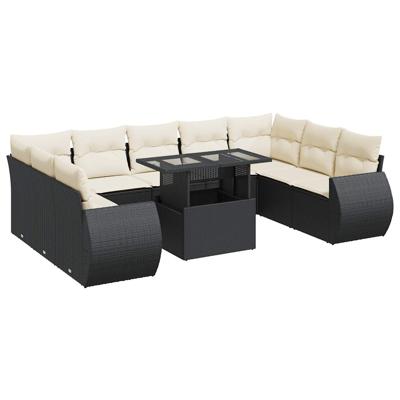10-delige Loungeset met kussens poly rattan zwart - thumbnail