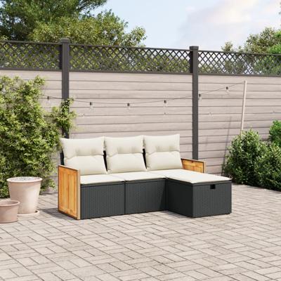 4-delige Loungeset met kussens poly rattan zwart