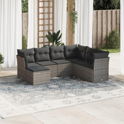 7-delige Loungeset met kussens poly rattan grijs