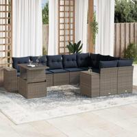 10-delige tuinbankset met kussens, grijs polyrotan - thumbnail