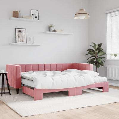 Slaapbank onderschuifbed en matrassen 80x200 cm fluweel roze