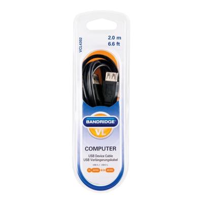 Bandridge USB 2.0 A Male naar USB 2.0 A Female 2 m Zwart