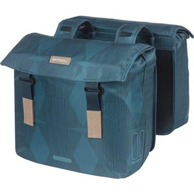 Basil elegance dubbele fietstas, blauw, gerecycled pet, gevoerd, waterkerende sluiting, universal bridge, 40-49l