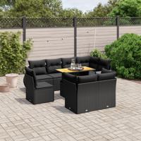 9-delige Loungeset met kussens poly rattan zwart - thumbnail