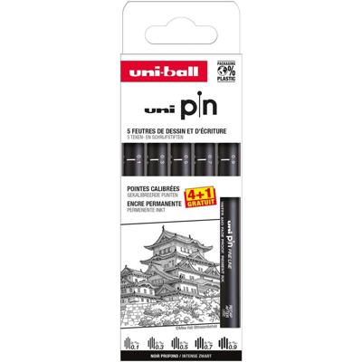 Uni Pin fineliner, gekalibreerde punten, zwart, 0,1-0,3-0,5-0,7-0,9 mm, blister van 4 + 1 gratis Uni Pin fineliner, gekalibreerde punten, zwart, 0,1-0,3-0,5-0,7-0,9 mm, blister van 4 + 1 gratis