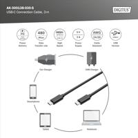 Digitus USB-kabel USB 2.0 USB-C stekker, USB-C stekker 3.00 m Zwart Flexibel, Folie afscherming, Afscherming gevlochten, Afgeschermd, Afgeschermd (dubbel), Met - thumbnail