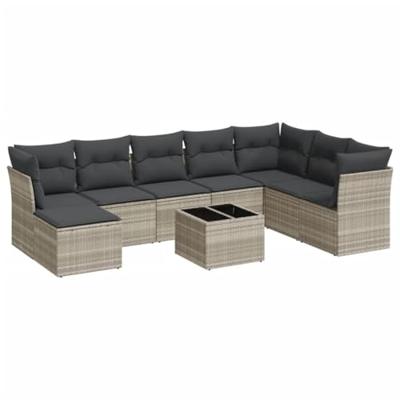 9-delige Loungeset met kussens poly rattan lichtgrijs