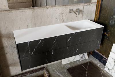 Badkamermeubel Kivi Hangend 150x47x45cm Porcelenato Black Solid Surface Wastafel Geen Kraangaten Rechts met 4 Lades Badkamermeubel Kivi Hangend 150x47x45cm Porcelenato Black Solid Surface Wastafel Geen Kraangaten Rechts met 4 Lades