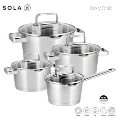 Sola Pannenset Diamond - RVS - Kookpan ø 16, 18, 20 cm & Steelpan ø 16 cm - Inductie geschikt - 4 Delig