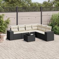 7-delige Loungeset met kussens poly rattan zwart - thumbnail