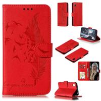 Feather patroon Litchi textuur horizontale Flip lederen draagtas met portemonnee & houder & kaartsleuven voor Huawei Y5 (2019)/Honor 8S (rood) - thumbnail
