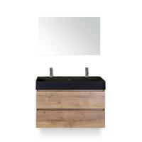Maxx XL Badmeubelset 100 cm - Natuur Eiken - Wastafel Kube Zwart 2 kraangaten - met Spiegel - thumbnail