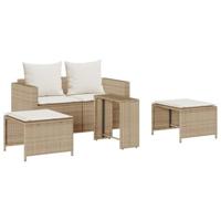 5-delige Tuinbankstel met kussens stapelbaar beige poly rattan - thumbnail
