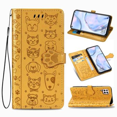 Voor Huawei P40 Lite/Nova 7i/Nova 6se Cute Cat and Dog Embossed Horizontal Flip Leather Case with Bracket / Card Slot / Wallet / Lanyard(Yellow)