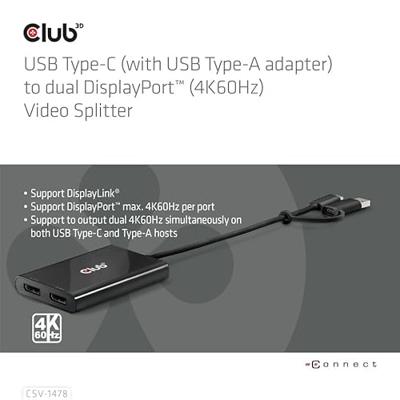 club3D USB-C Adapter [1x USB-C stekker, USB-A-stekker - 2x DisplayPort bus] CSV-1478 0.18 m