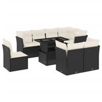 9-delige Loungeset met kussens poly rattan zwart - thumbnail