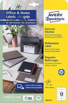 Avery-Zweckform 3424-10 Universele etiketten 105 x 48 mm Papier Wit 120 stuk(s) Permanent hechtend Laser (kleur), Laser (zwart/wit)