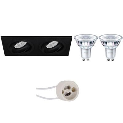 GU10 Inbouwspot Set - Mat Zwart - Inbouw Rechthoek Dubbel - Kantelbaar - Philips - CorePro 827 36D - Pragmi Borny Pro - 4.6W - Warm Wit 2700K - 175x92mm