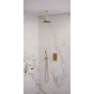 Gold Edition thermostatische inbouw regendouche set 29 - 3-weg omstelling, 20 cm douchekop, plafondarm, staaf handdouche, doucheslang, wandaansluitbocht - goud geborsteld PVD