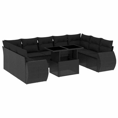 10-delige Loungeset met kussens poly rattan zwart - thumbnail