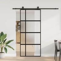 Schuifdeur met beslagset 90x205 cm gehard glas zwart - thumbnail