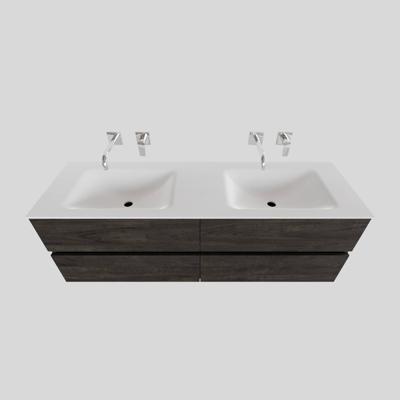 Badkamermeubel Solid Surface BWS Stockholm 200x46 cm Wood Dark Brown Wasbak Dubbel (0 kraangaten, 4 lades)