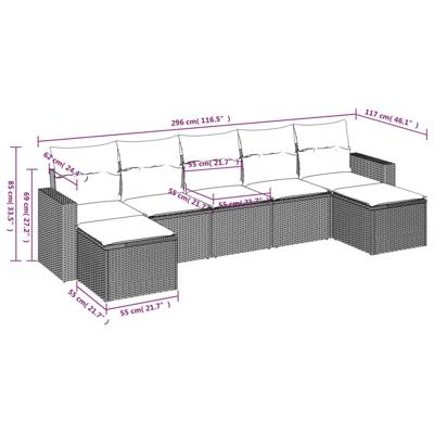 7-delige Loungeset met kussens poly rattan zwart
