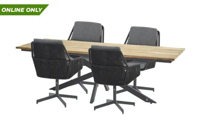 Robusto teak tafelblad 220 X 95 cm met Minerva frame en 4 Primavera diningstoelen Robusto teak tafelblad 220 X 95 cm met Minerva frame en 4 Primavera diningstoelen