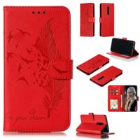 Feather patroon Litchi textuur horizontale Flip lederen draagtas met portemonnee & houder & kaartsleuven voor OnePlus 7 Pro (rood) - thumbnail