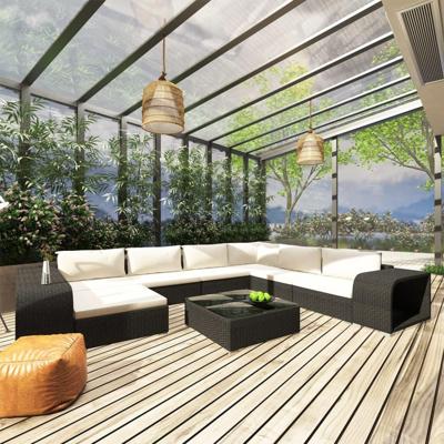10-delige Loungeset met kussens poly rattan zwart