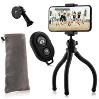 Flexibel statief met extra stevige poten KIT: incl. telefoonhouder, bluetooth remote, GoPro-adapter & opbergzakje - thumbnail