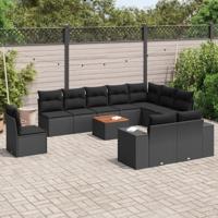 11-delige Loungeset met kussens poly rattan zwart - thumbnail