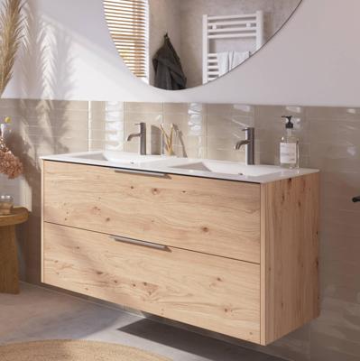 Saqu Lima badmeubel incl. dubbele glans witte keramische wastafel 120x46x61cm naturel eiken - rvs greep Saqu Lima badmeubel incl. dubbele glans witte keramische wastafel 120x46x61cm naturel eiken - rvs greep