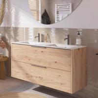 Saqu Lima badmeubel incl. dubbele glans witte keramische wastafel 120x46x61cm naturel eiken - rvs greep - thumbnail