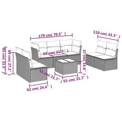 7-delige Loungeset met kussens poly rattan zwart