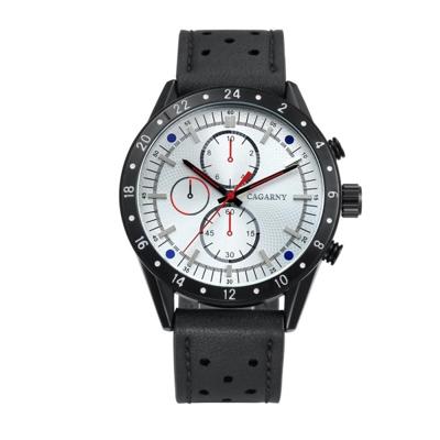 CAGARNY 6828 modieuze multifunctionele stijl Quartz horloge met leder Band & GMT tijd & kalender & goed verlicht Display voor mannen Sport (Black Wind