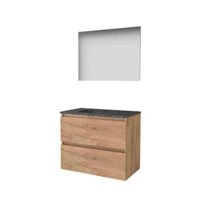 Basic-Line Basic 46 Badkamermeubelset - 80 x 46 cm - Greeploos - 2 Lades - Hardstenen Wastafel - Zonder Kraangat - Spiegel - Whisky Oak