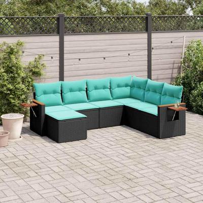 7-delige Loungeset met kussens poly rattan zwart