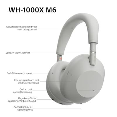 SONY WH-1000XM6 Vlaggenschip Noise Cancelling Over-Ear Draadloze Bluetooth Hoofdtelefoon, Handtekening Hi-Res Geluid, Comfort, Opvouwbaar Ontwerp, Duurzame Etui, 30 HR Batterij, iOS & Android - Zilver