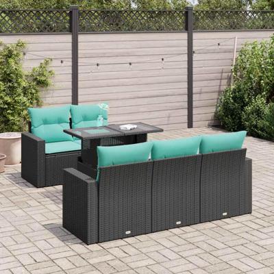 6-delige Loungeset met kussens poly rattan acacia zwart