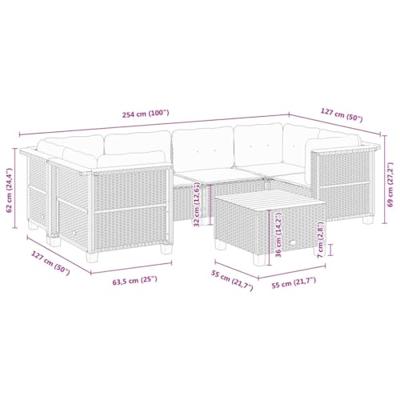 7-delige Loungeset met kussens poly rattan zwart