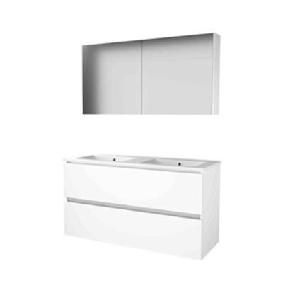 Basic-Line Comfort 46 Badkamermeubelset - 120 x 46 cm - Greeploos - 2 Lades - Keramische Wastafel - 2 Kraangaten - Spiegelkast - Ice White