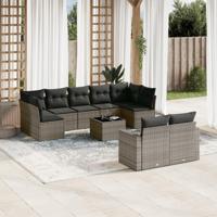 10-delige Loungeset met kussens poly rattan grijs - thumbnail