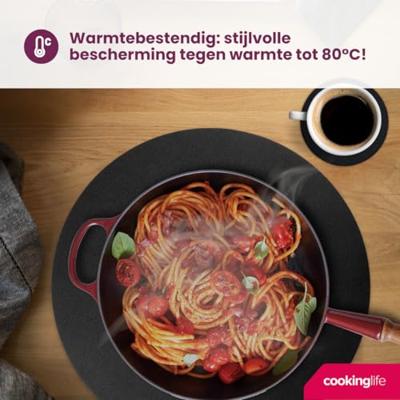 Cookinglife 6 Placemats + 6 Onderzetters - Rond - Vegan leer - Zwart