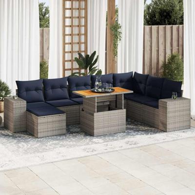 9-delige Loungeset met kussens poly rattan grijs