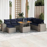9-delige Loungeset met kussens poly rattan grijs - thumbnail