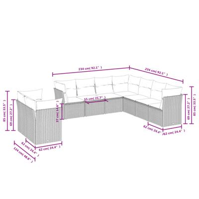 10-delige Loungeset met kussens poly rattan zwart - thumbnail