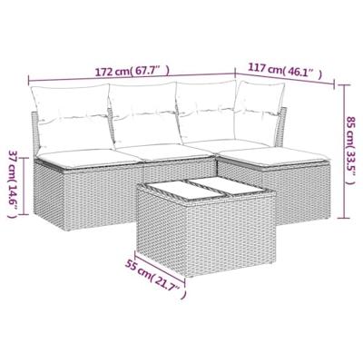 5-delige Loungeset met kussens poly rattan bruin