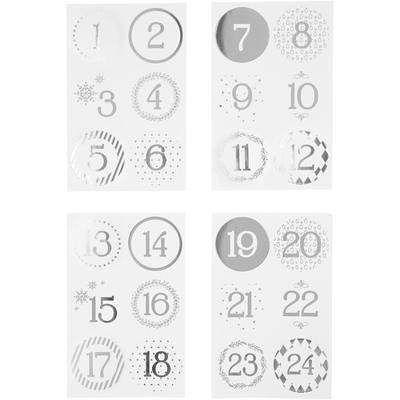 Vivi Gade Kerstkalender cijfer stickers, d 40 mm, vel 9x14 cm, zilver, wit, 4 vel/ 1 doos